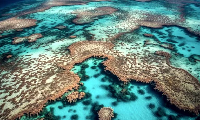 Aerial view of a living coral reef ecosystem